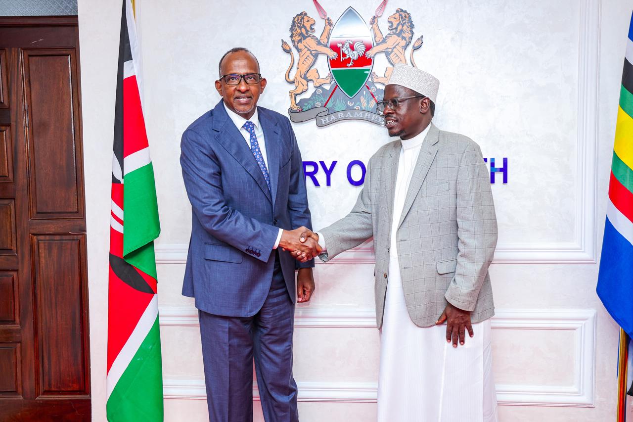 SUPKEM Chairman Hassan Ole Naado with Health CS Adan Duale when he paid him a courtesy visit at Afya House
